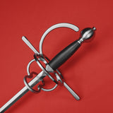 Rogue Steel Ambidextrous Double Ring Rapier with Steel Blade, Knucklebow, Straight Guard, Leather Grip, and Round Pommel