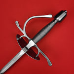 Rogue Steel Dish Hilt Rapier with Steel Blade, Oval Dish, Right Hand Knucklebow Guard, Wire Wrap Grip, and Tapered Pommel