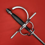 Rogue Steel Double Ring Rapier with Musketeer Blade, Straight Quillons, Left Hand Knucklebow, Leather Grip, and Tapered Pommel
