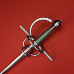 Rogue Steel Ambidextrous Double Ring Rapier with Steel Blade, Knucklebow, Straight Guard, Brass Wire Grip, and Round Pommel