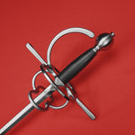 Rogue Steel Ambidextrous Double Ring Rapier with Steel Blade, Knucklebow, Straight Guard, Leather Grip, and Round Pommel