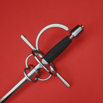 Rogue Steel Ambidextrous Double Ring Rapier with Steel Blade, Knucklebow, Straight Guard, Rayskin Grip, and Tapered Pommel