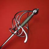 Rogue Steel Ambidextrous Swept Hilt Rapier with Steel Blade, Opposing Curve Guard, Brass Wire Grip, and Round Pommel