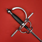 Rogue Steel Double Ring Rapier with Musketeer Blade, Straight Quillons, Left Hand Knucklebow, Leather Grip, and Round Pommel