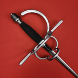Rogue Steel Double Ring Rapier with Musketeer Blade, Straight Quillons, Left Hand Knucklebow, Rayskin Grip, and Tapered Pommel