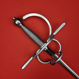 Rogue Steel Double Ring Rapier with Musketeer Blade, Straight Quillons, Left Hand Knucklebow, Wire Wrap Grip, and Round Pommel