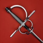Rogue Steel Double Ring Rapier with Musketeer Blade, Straight Quillons, Left Hand Knucklebow, Wire Wrap Grip, and Tapered Pommel