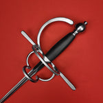 Rogue Steel Double Ring Rapier with Musketeer Blade, Straight Quillons, Right Hand Knucklebow, Leather Grip, and Round Pommel