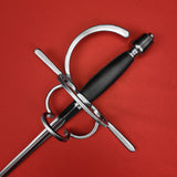 Rogue Steel Double Ring Rapier with Musketeer Blade, Straight Quillons, Right Hand Knucklebow, Leather Grip, and Tapered Pommel