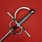 Rogue Steel Double Ring Rapier with Musketeer Blade, Straight Quillons, Right Hand Knucklebow, Wire Wrap Grip, and Round Pommel