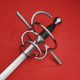 Rogue Steel Ambidextrous Double Ring Rapier with Steel Blade, Knucklebow, Straight Guard, Leather Grip, and Round Pommel Second Angle