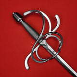 Rogue Steel Left-Hand Swept Hilt Rapier with Steel Blade, Opposing Curve Guard, Wire Wrap Grip, and Tapered Pommel