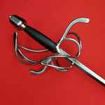 Rogue Steel Left Hand Swept Hilt Rapier with Steel Blade, Counter Guard, Opposing Curve Quillons, Leather Grip, and Tapered Pommel 