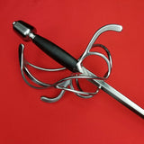 Rogue Steel Left Hand Swept Hilt Rapier with Steel Blade, Counter Guard, Opposing Curve Quillons, Leather Grip, and Tapered Pommel 