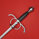 Rogue Steel Side Ring Rapier with Steel Blade, Downturned Guard, Leather Grip, and Round Pommel