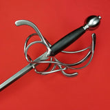 Rogue Steel Swept Hilt Rapier with Steel Blade, Counter Guard, Opposing Curve Quillons, Leather Grip, and Round Pommel